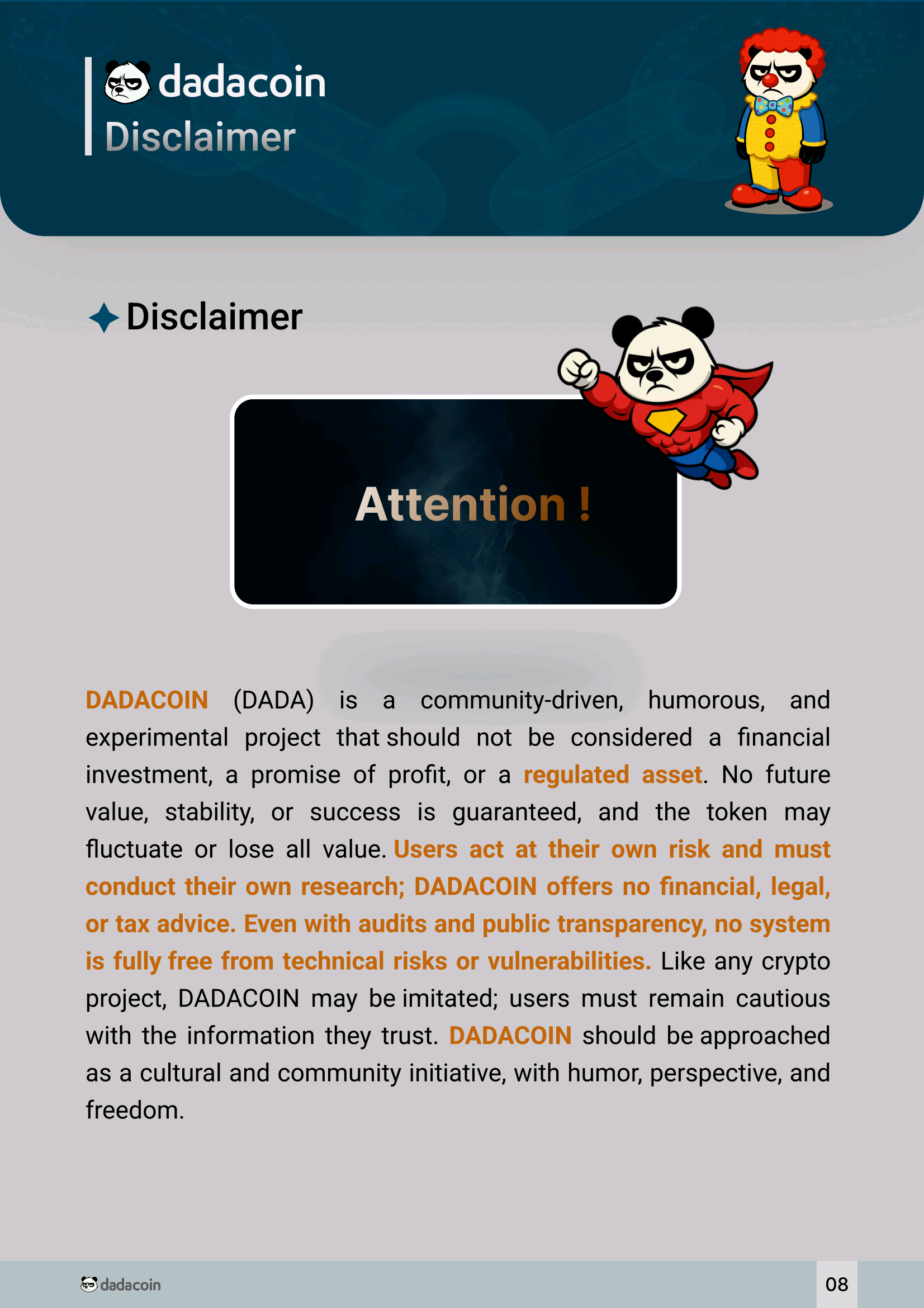 DADACOIN Whitepaper - Page 8: Disclaimer